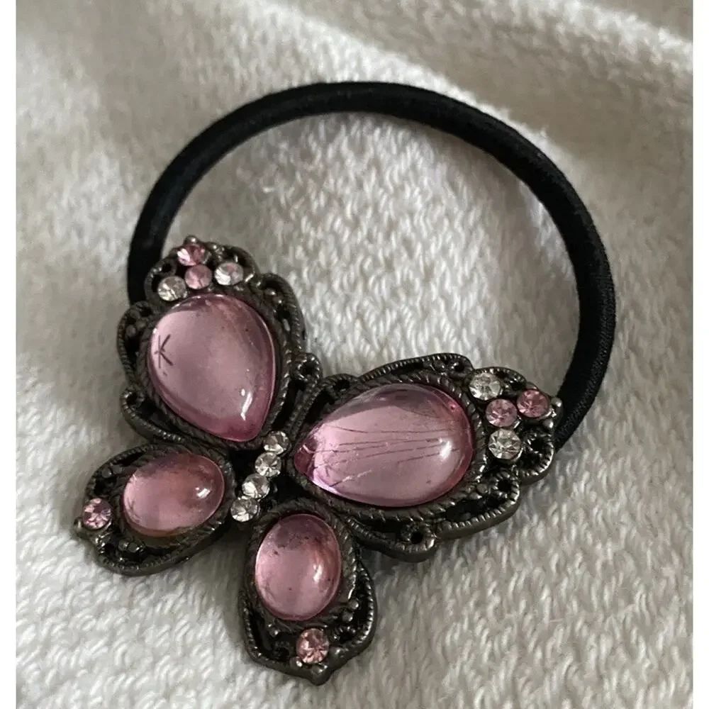 Pink Butterfly Ponytail Holder Jelly Clear Rhinestones Metal Hair Tie Elastic